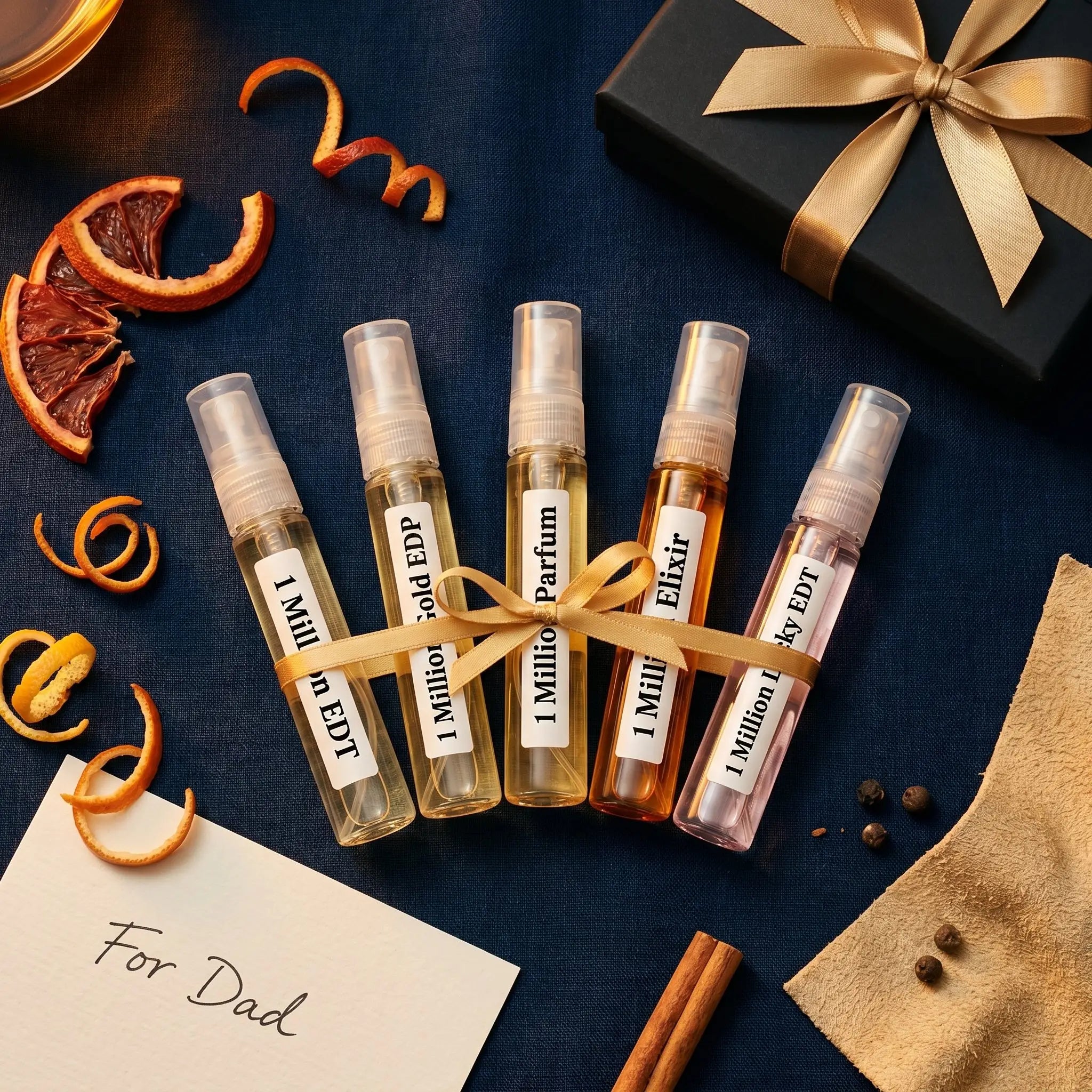 Rabanne 1 Million Discovery Set Father's Day flatlay — five decants with blood orange and cinnamon on navy