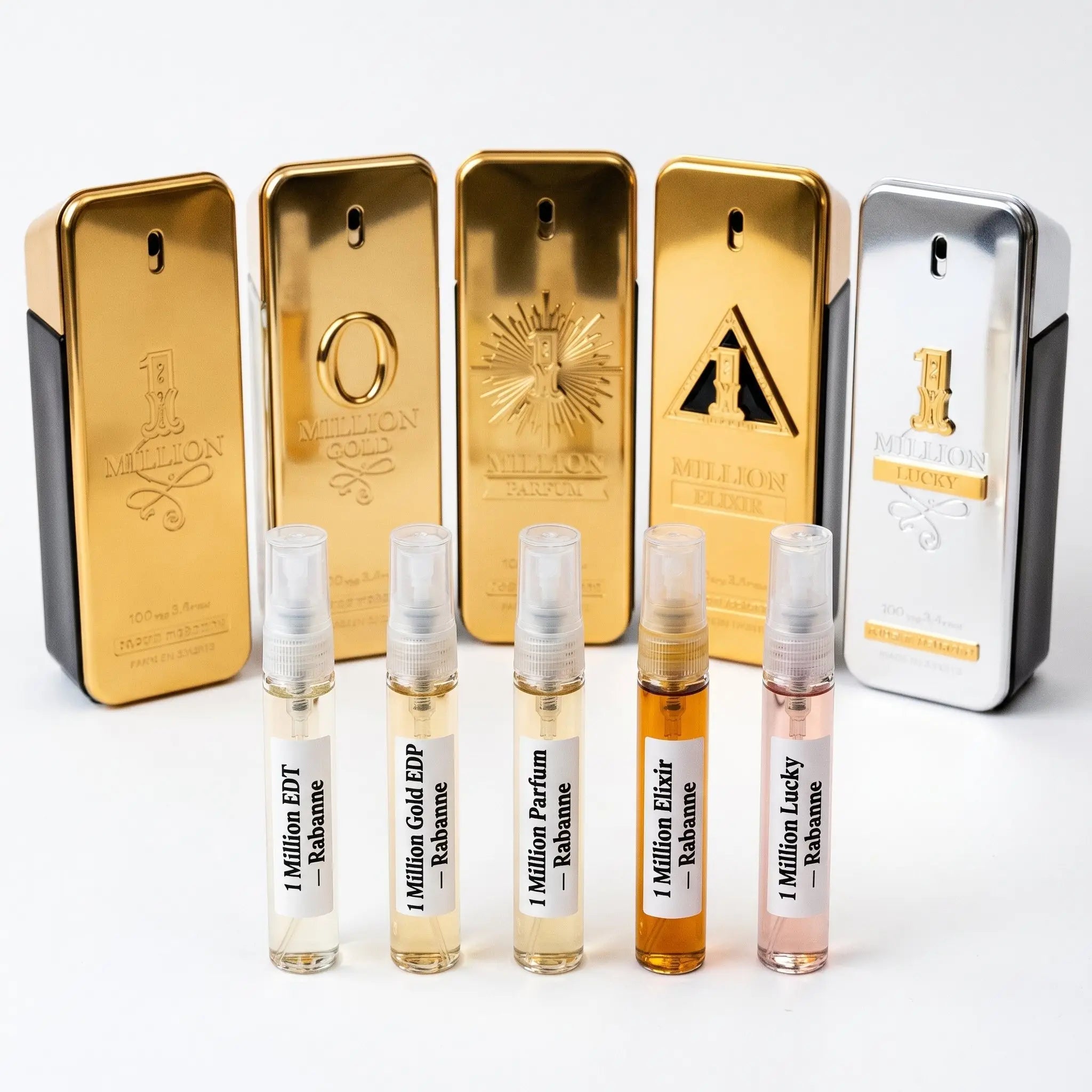 Rabanne 1 Million Discovery Set hero — EDT, Gold EDP, Parfum, Elixir and Lucky bottles with decants