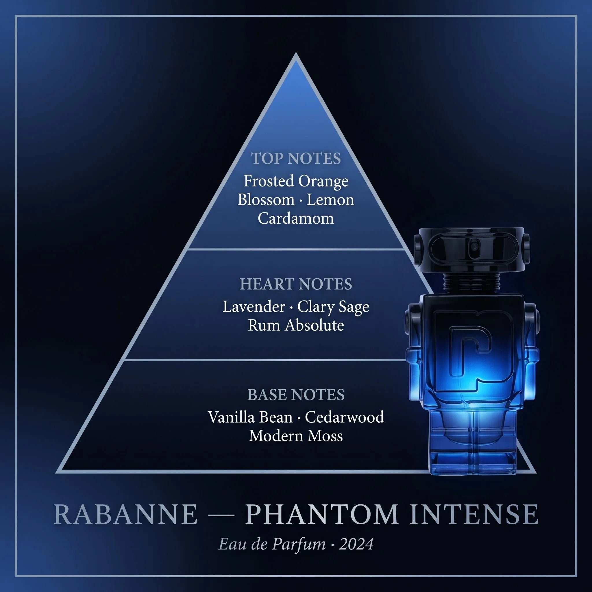 Rabanne Phantom Intense EDP fragrance note pyramid orange blossom cardamom lavender rum vanilla cedarwood on dark navy background