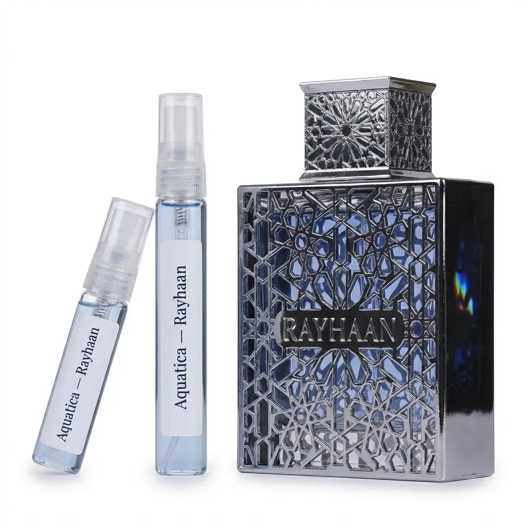 Perfume bottles with 'Rayhaan' branding on a white background