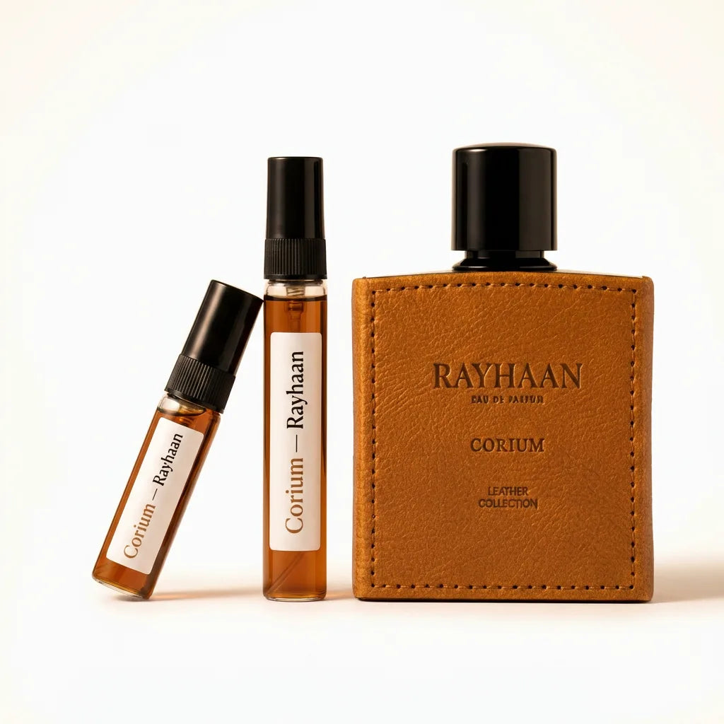 Two perfume bottles and a leather case with 'Rayhaan' branding on a light background