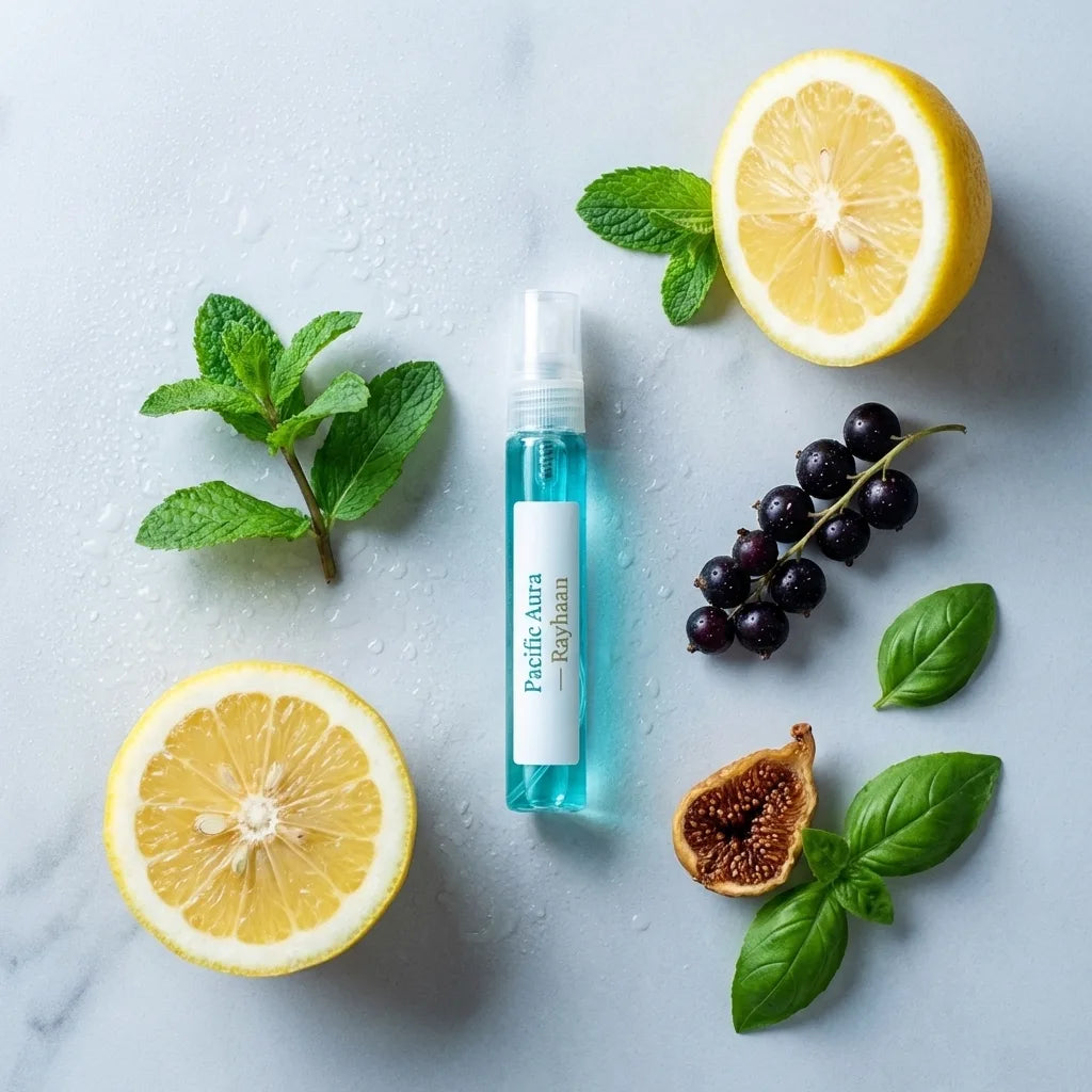 Blue bottle labeled 'Pacific Aura' surrounded by lemons, grapes, and figs on a light gray background