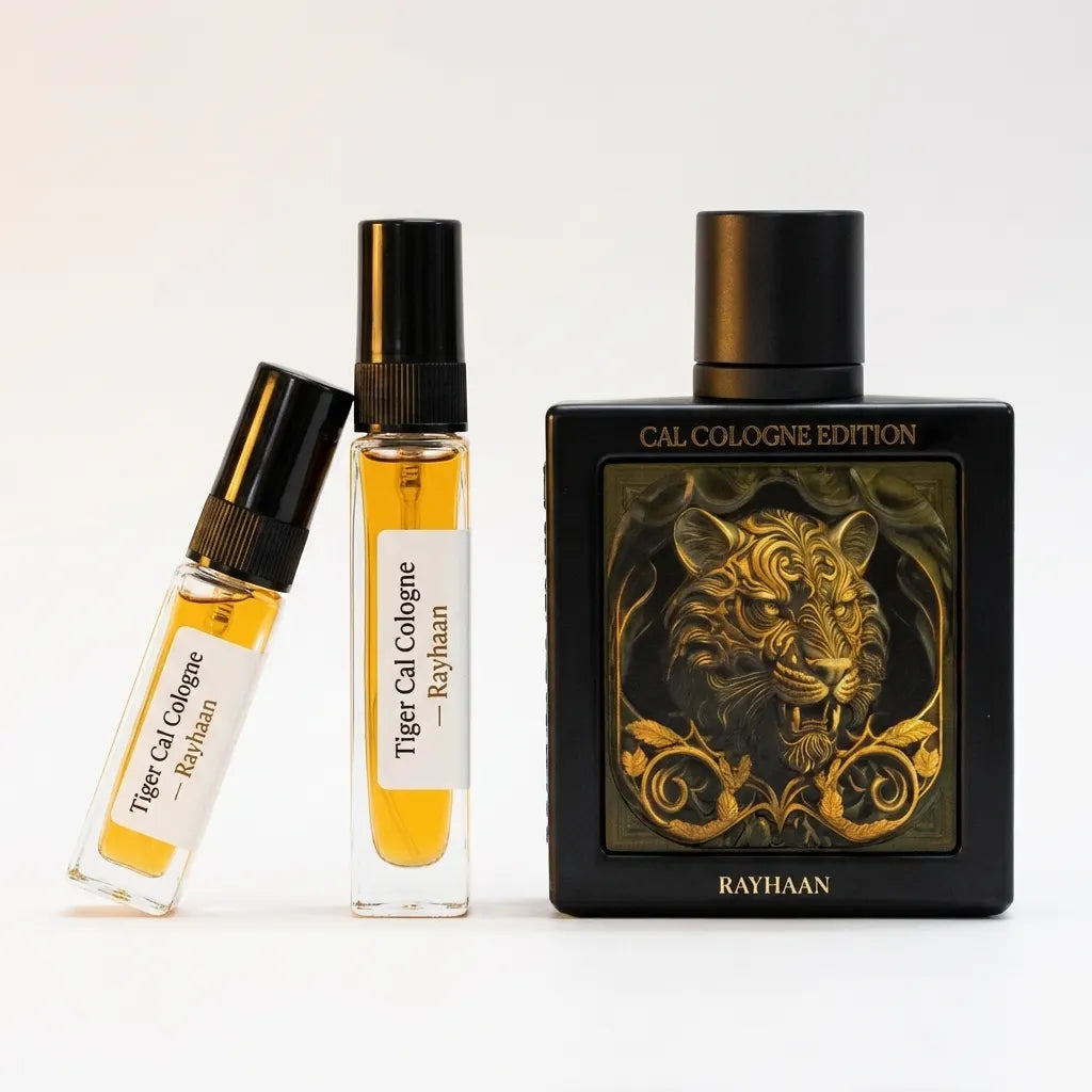 Three Tiger Cal Cologne Rayhaan products on a white background