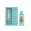 Perfume bottle and packaging with gold accents on a white background