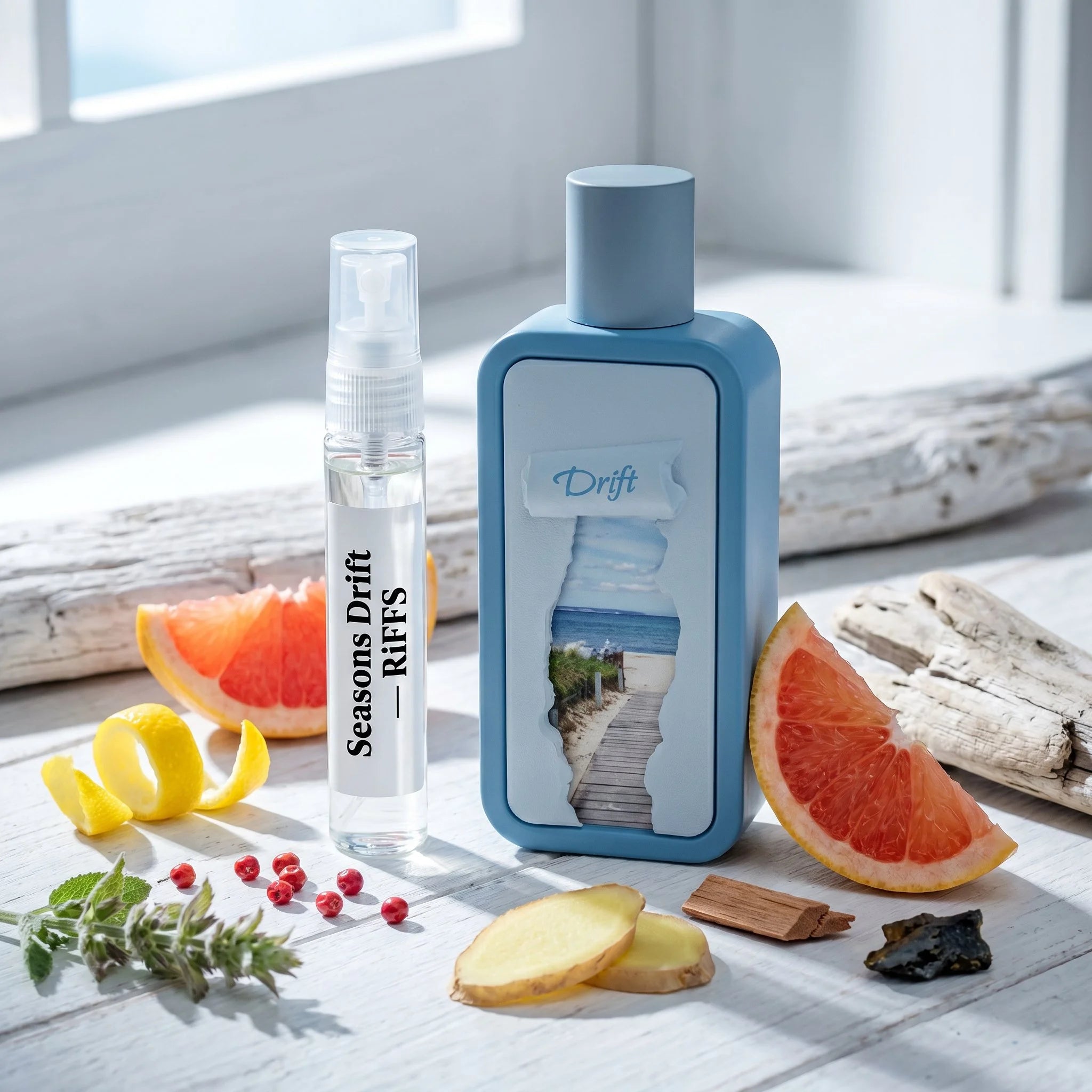 RiiFFS Seasons Drift decant and bottle flatlay with lemon, grapefruit, ginger, pink pepper, cedar, and driftwood notes