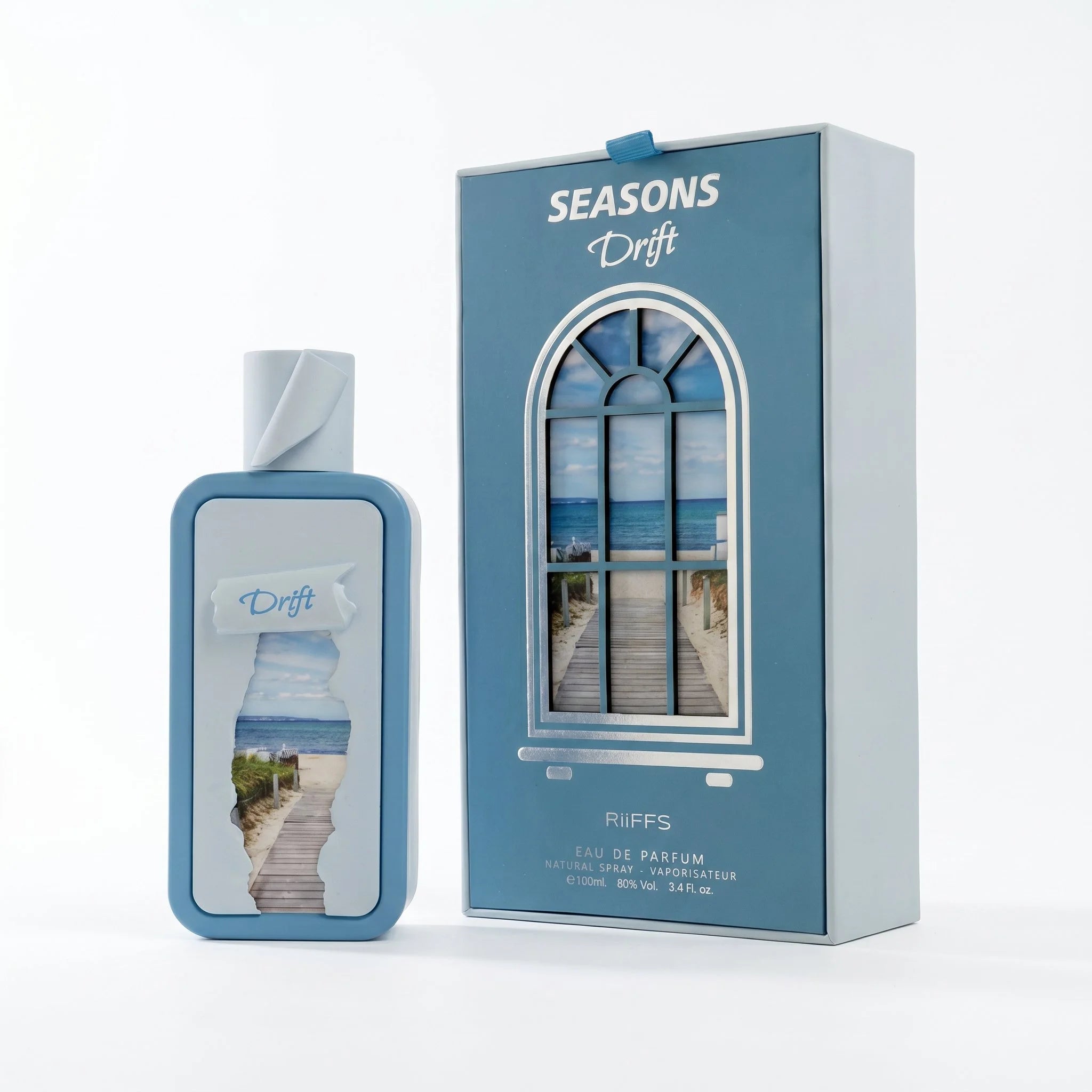 RiiFFS Seasons Drift EDP 100ml bottle and box with arched window coastal boardwalk artwork