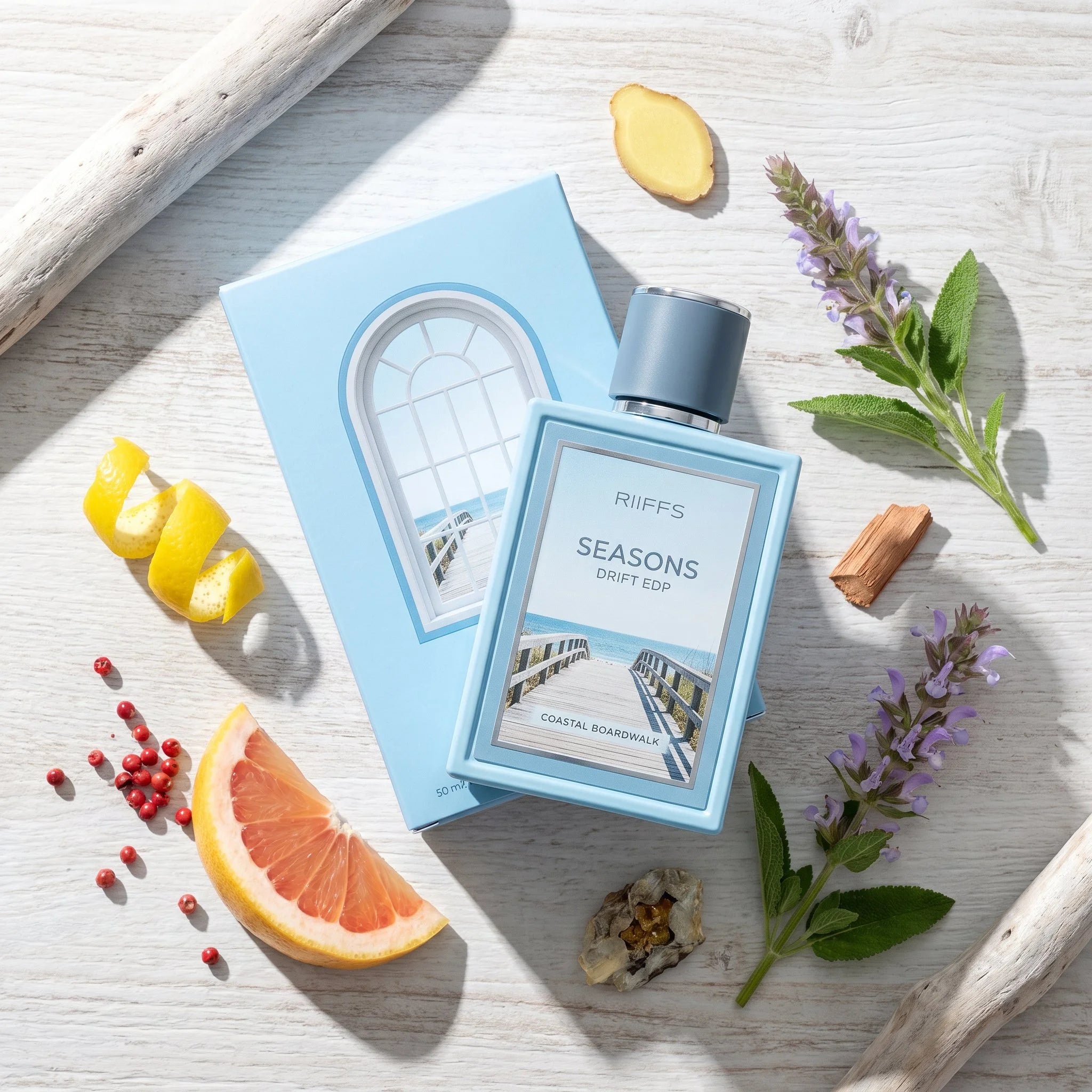 RiiFFS Seasons Drift EDP 50ml bottle flatlay with ginger, clary sage, lemon, grapefruit, pink pepper, cedar notes