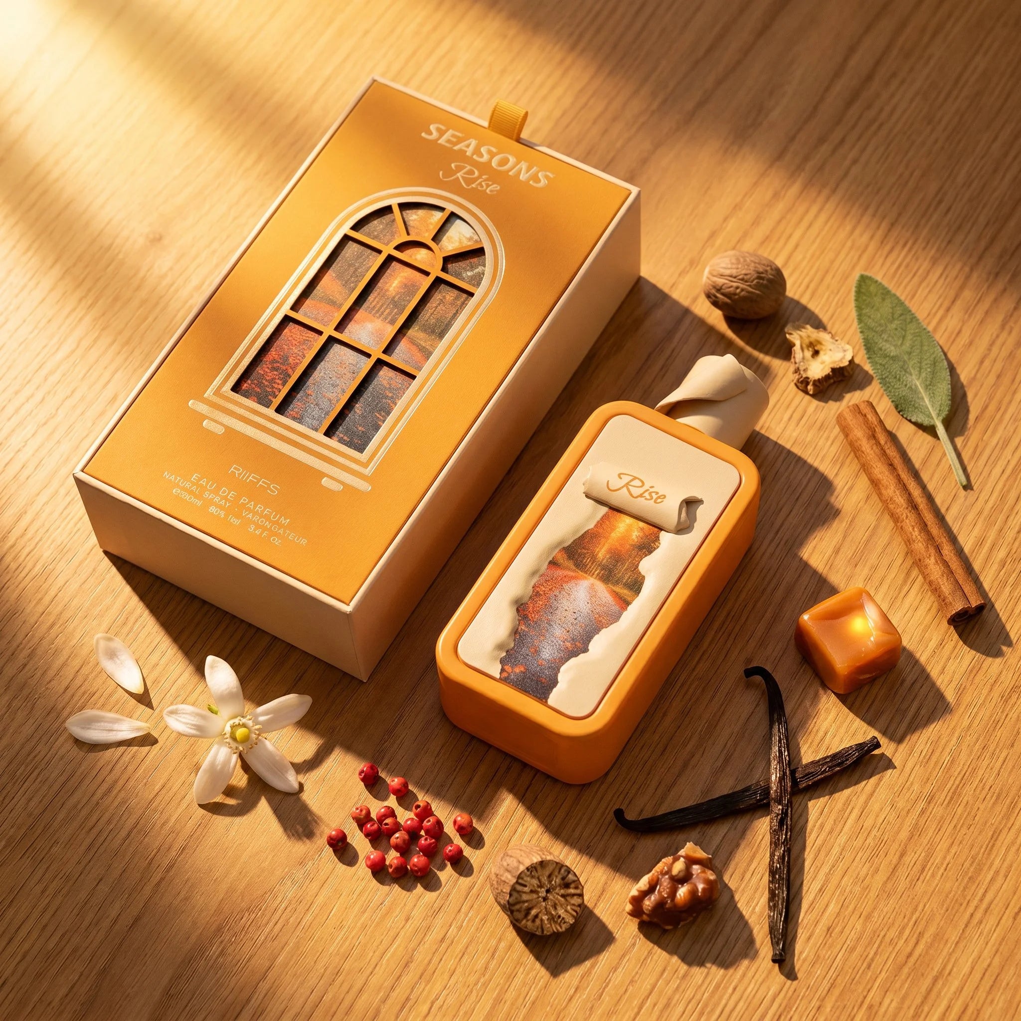 RiiFFS Seasons Rise EDP decant with vanilla bean, cinnamon, and pink pepper fragrance notes flatlay