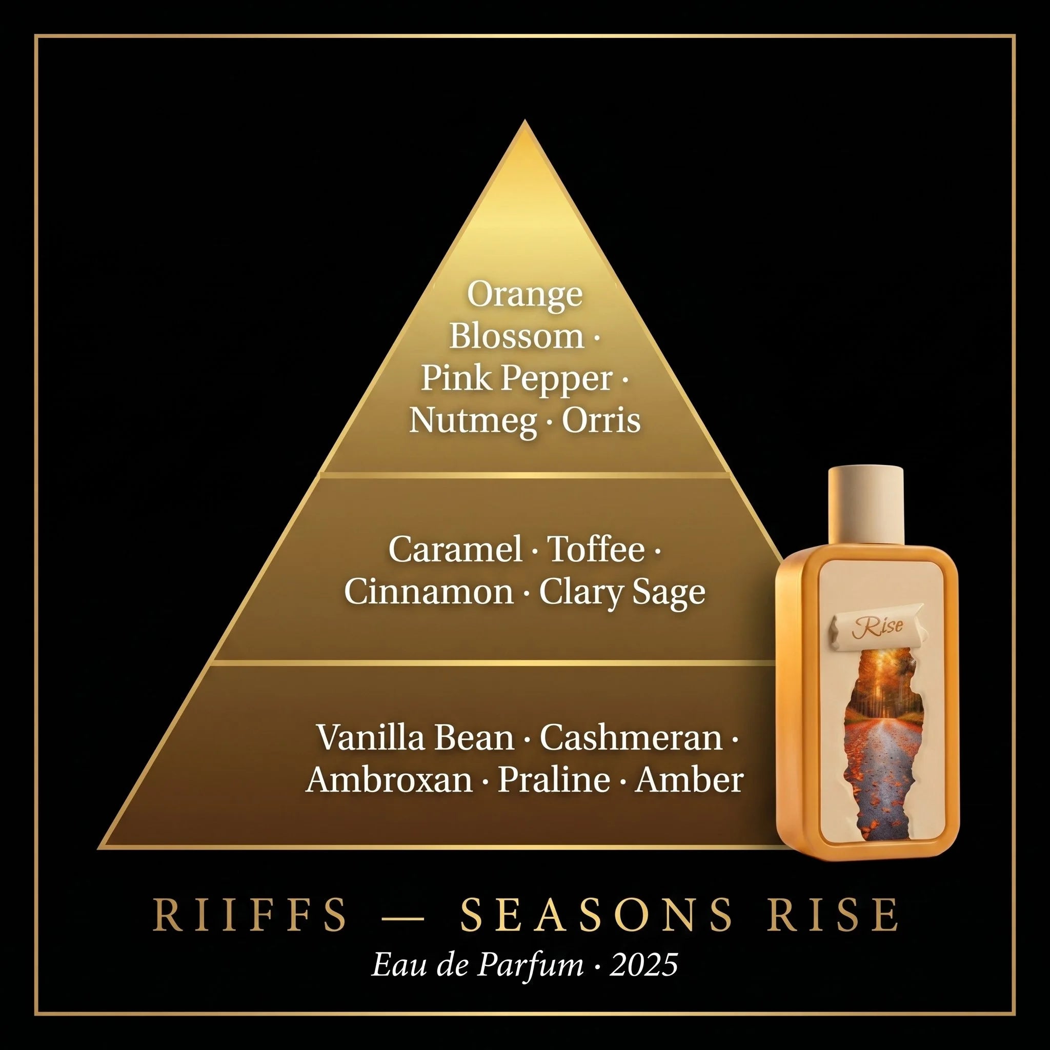 Riiffs Seasons Rise note pyramid — orange blossom, caramel, vanilla bean, amber