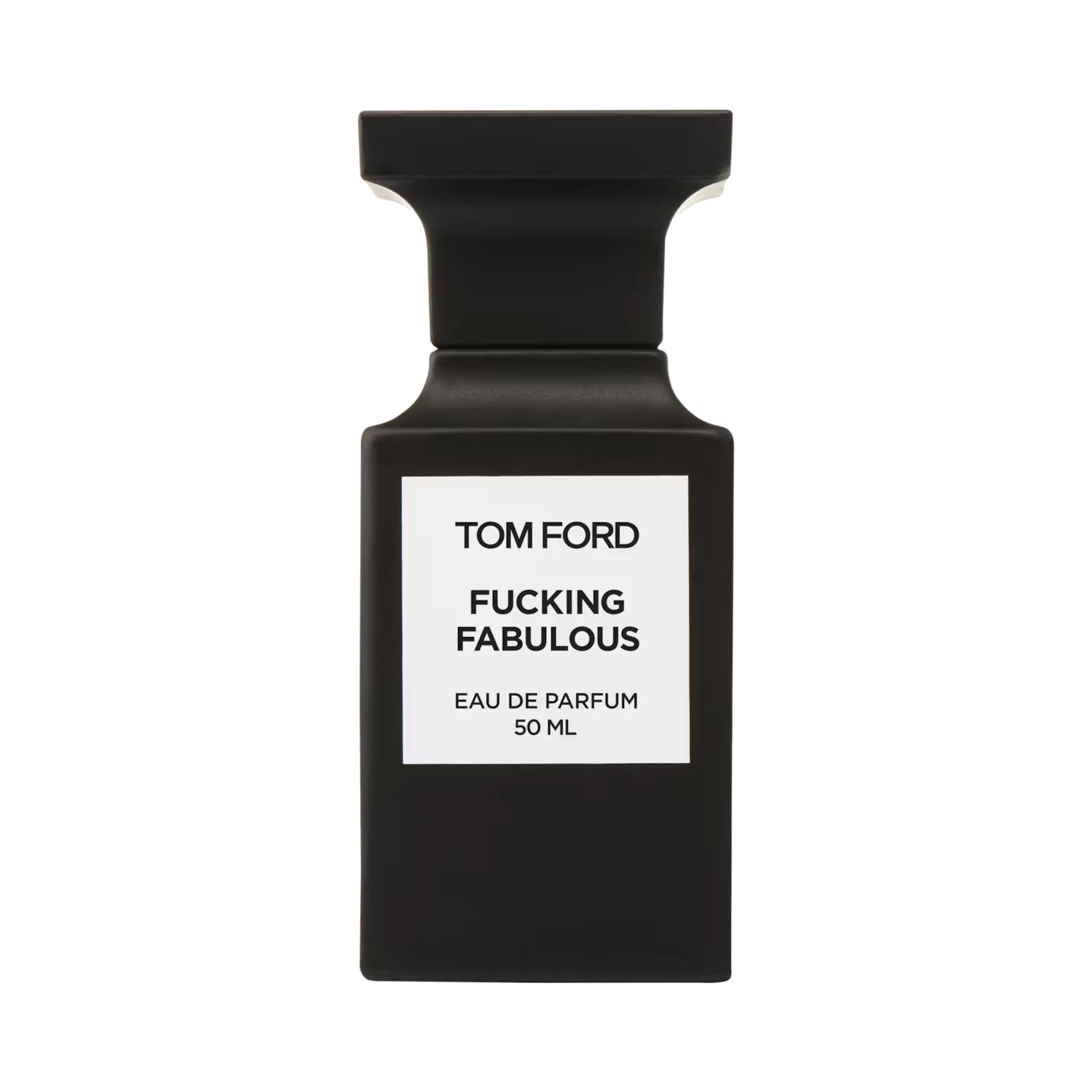 Black Tom Ford perfume bottle labeled 'Fucking Fabulous' on a white background