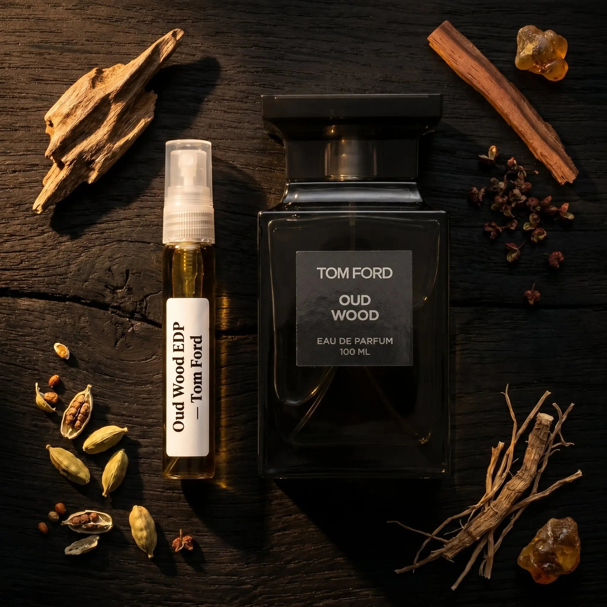 Tom Ford Oud Wood EDP bottle and decant on dark wood with oud cardamom sandalwood vetiver and amber fragrance notes flatlay