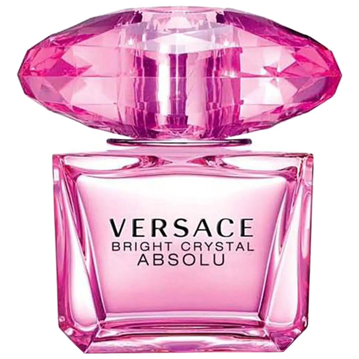 Close-up of Versace Bright Crystal Absolu pink faceted diamond cap with transparent geometric design on perfume bottle
