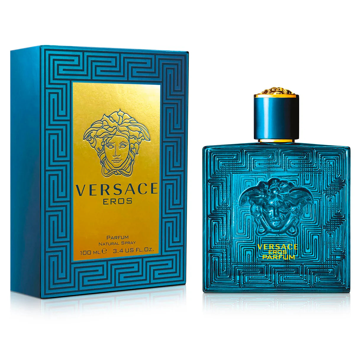 Versace Eros Parfum 100ml gift set with turquoise and gold packaging box - authentic men's designer cologne Eau de Parfum