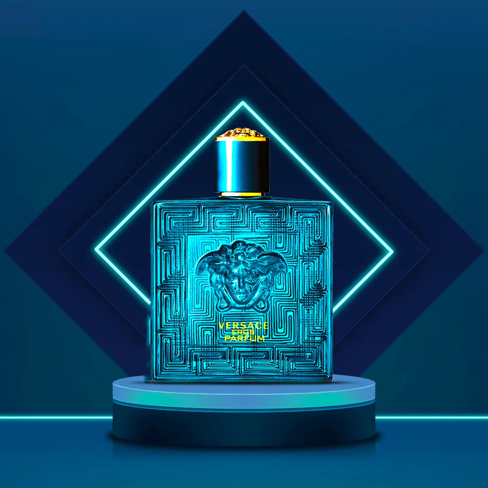 Versace Eros Parfum men's designer fragrance bottle displayed on illuminated blue pedestal with geometric neon lighting