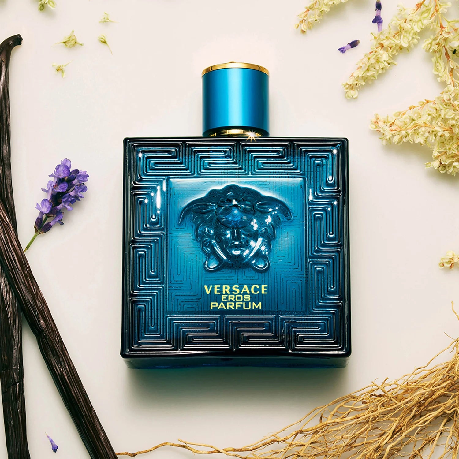 Versace Eros Parfum luxury men's perfume with Greek key design surrounded by vanilla and lavender ingredients - authentic designer cologne