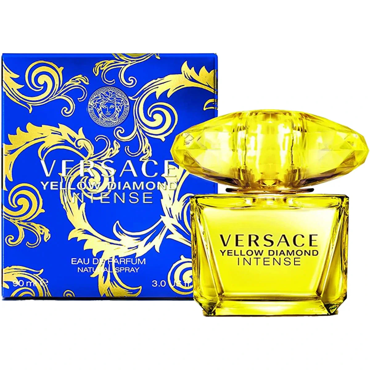 Versace Yellow Diamond Intense perfume bottle and packaging on a white background