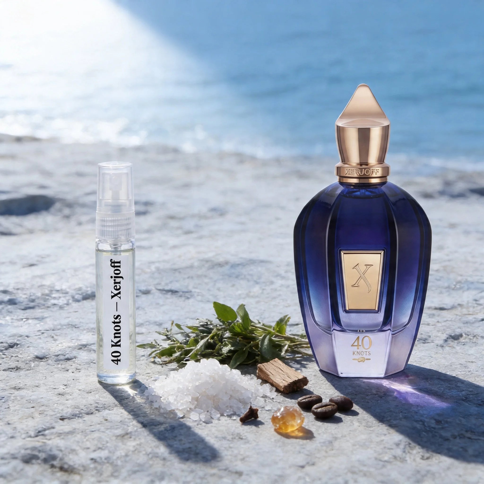 Xerjoff 40 Knots bottle and decant on coastal stone with sea salt cedar green notes and amber fragrance notes flatlay