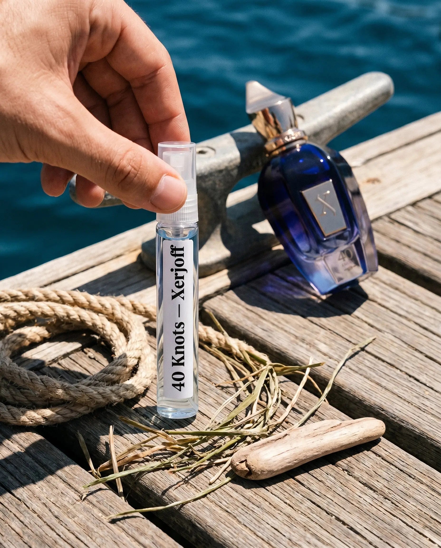 Xerjoff 40 Knots decant vial held over wooden marina dock with rope driftwood and deep blue ocean water