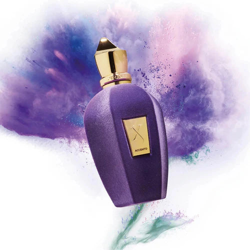 Purple perfume bottle with gold cap on a colorful abstract background