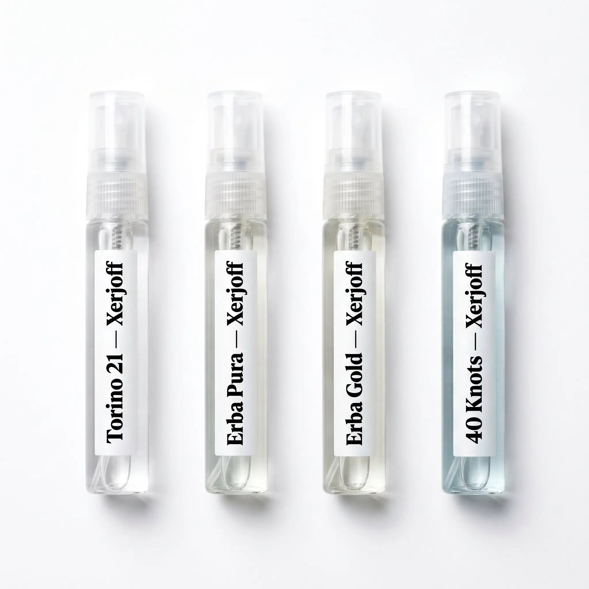 Xerjoff Torino21, Erba Pura, Erba Gold and 40 Knots 5ml decants — Xerjoff Discovery Set flatlay