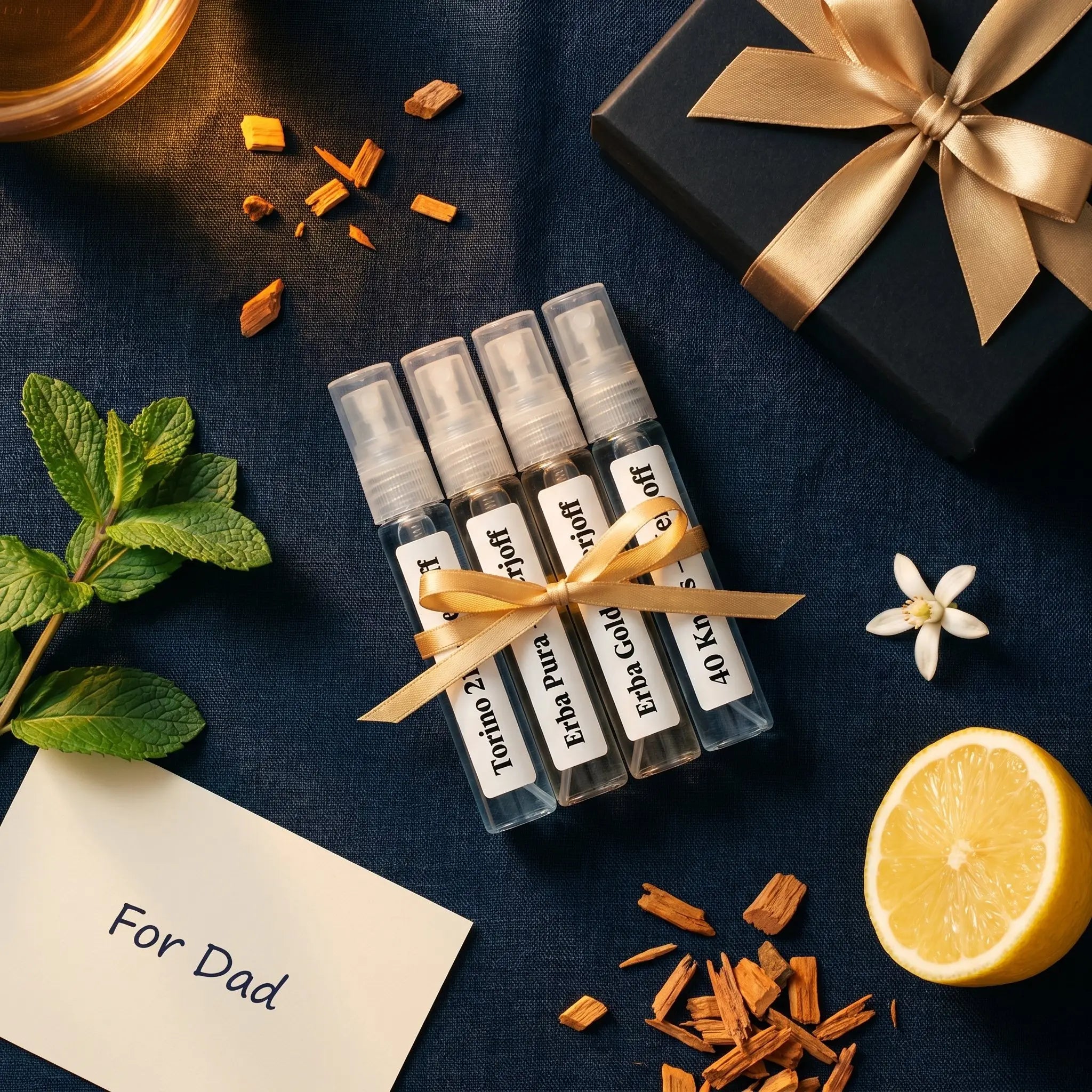 Xerjoff Discovery Set Father's Day gift flatlay — four decants with mint, lemon and sandalwood on navy