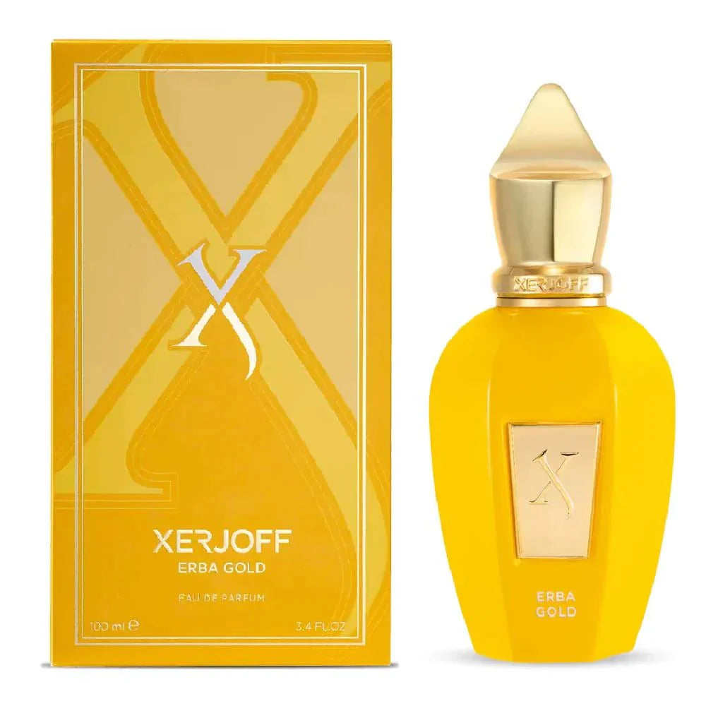 Yellow Xerjoff Erba Gold perfume bottle and packaging on a white background