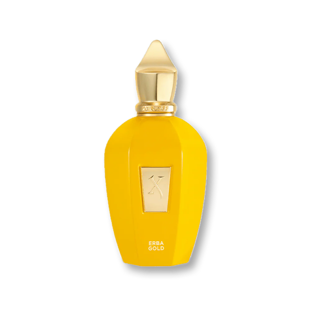 Yellow perfume bottle with gold cap on a white background
