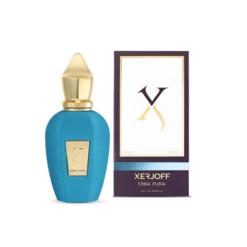 Blue perfume bottle with gold cap and Xerjoff packaging on a white background