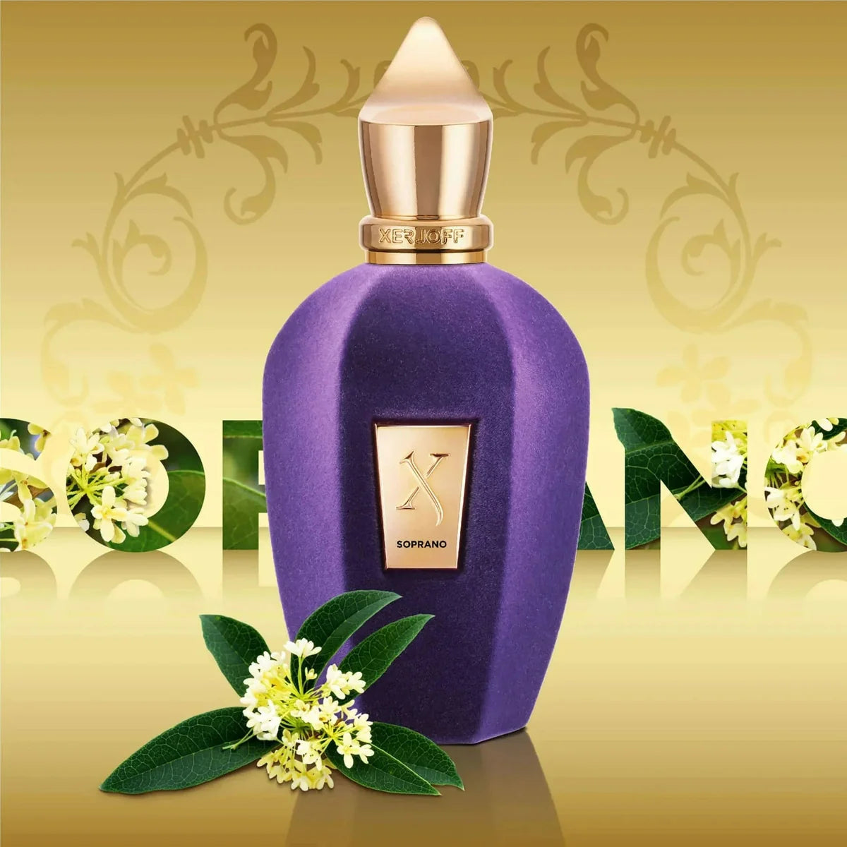 Purple perfume bottle with gold cap on a decorative background with flowers and green leaves.
