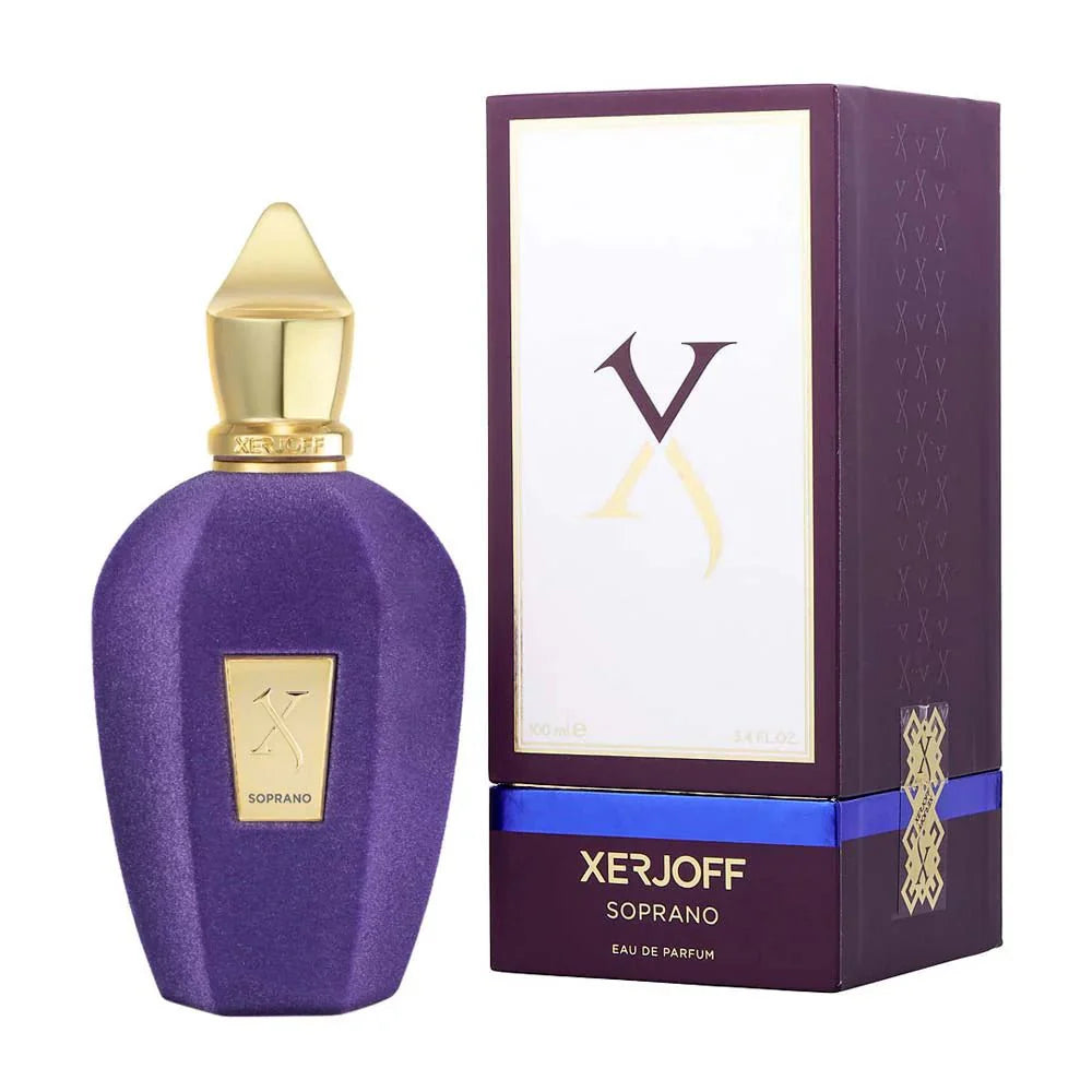 Purple Xerjoff Soprano perfume bottle with matching box on a white background