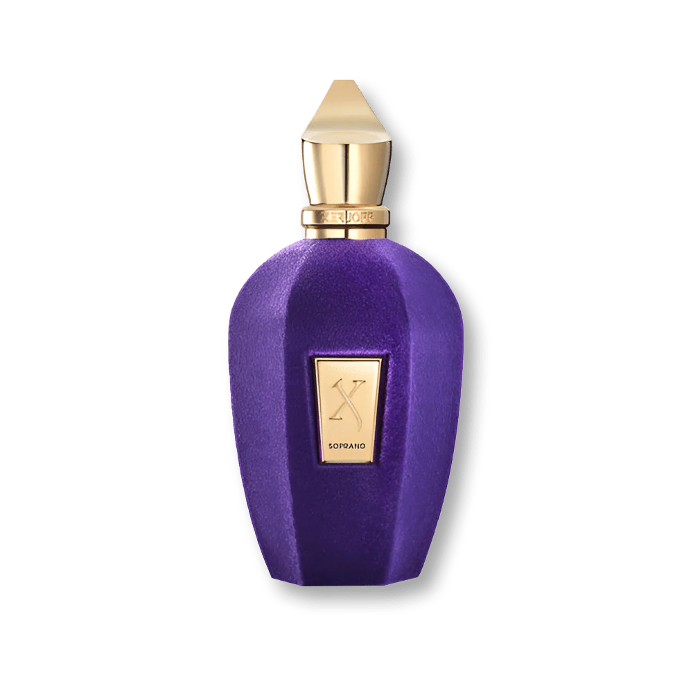 Purple perfume bottle with gold cap on a white background