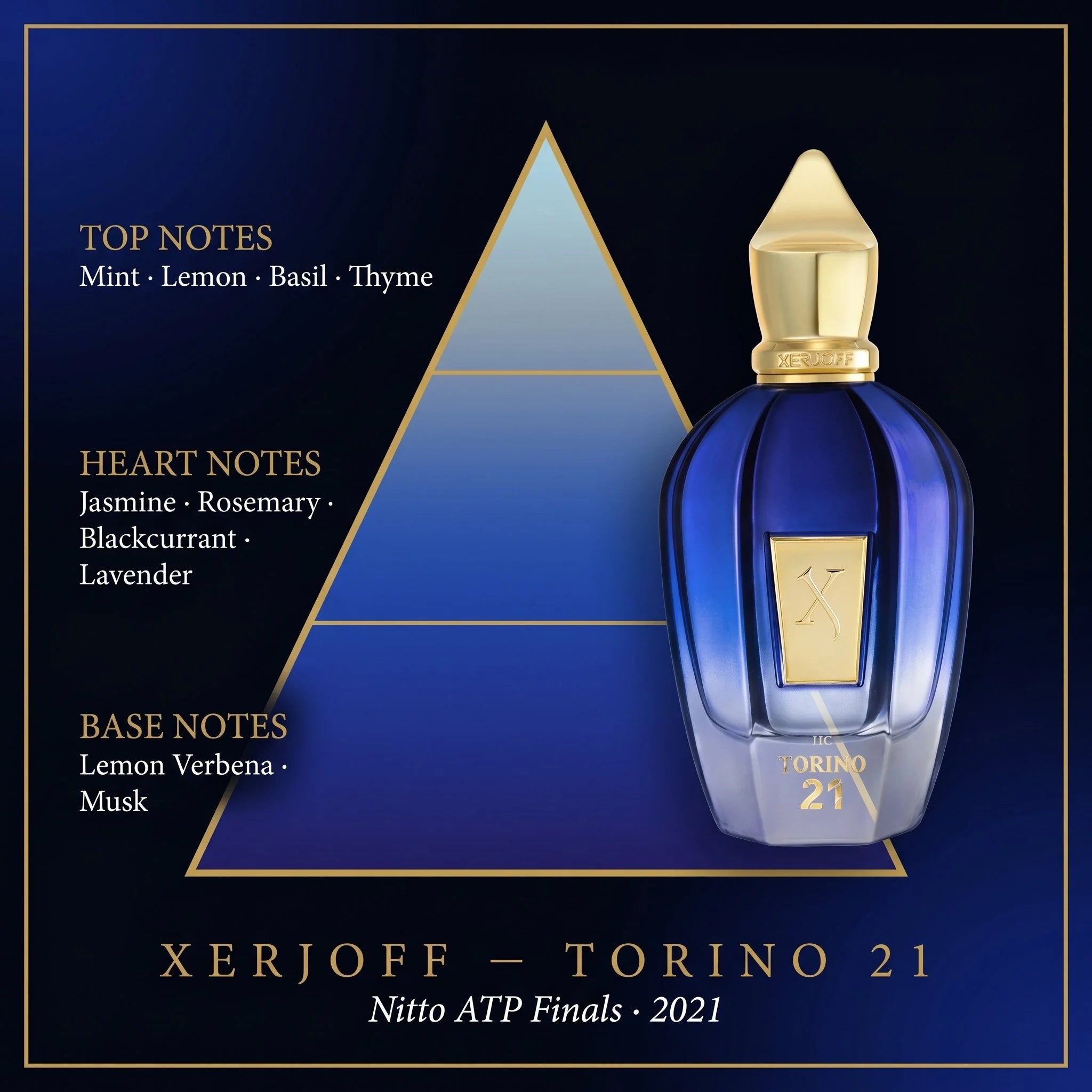 Xerjoff Torino 21 fragrance note pyramid mint lemon basil rosemary blackcurrant musk on dark blue background