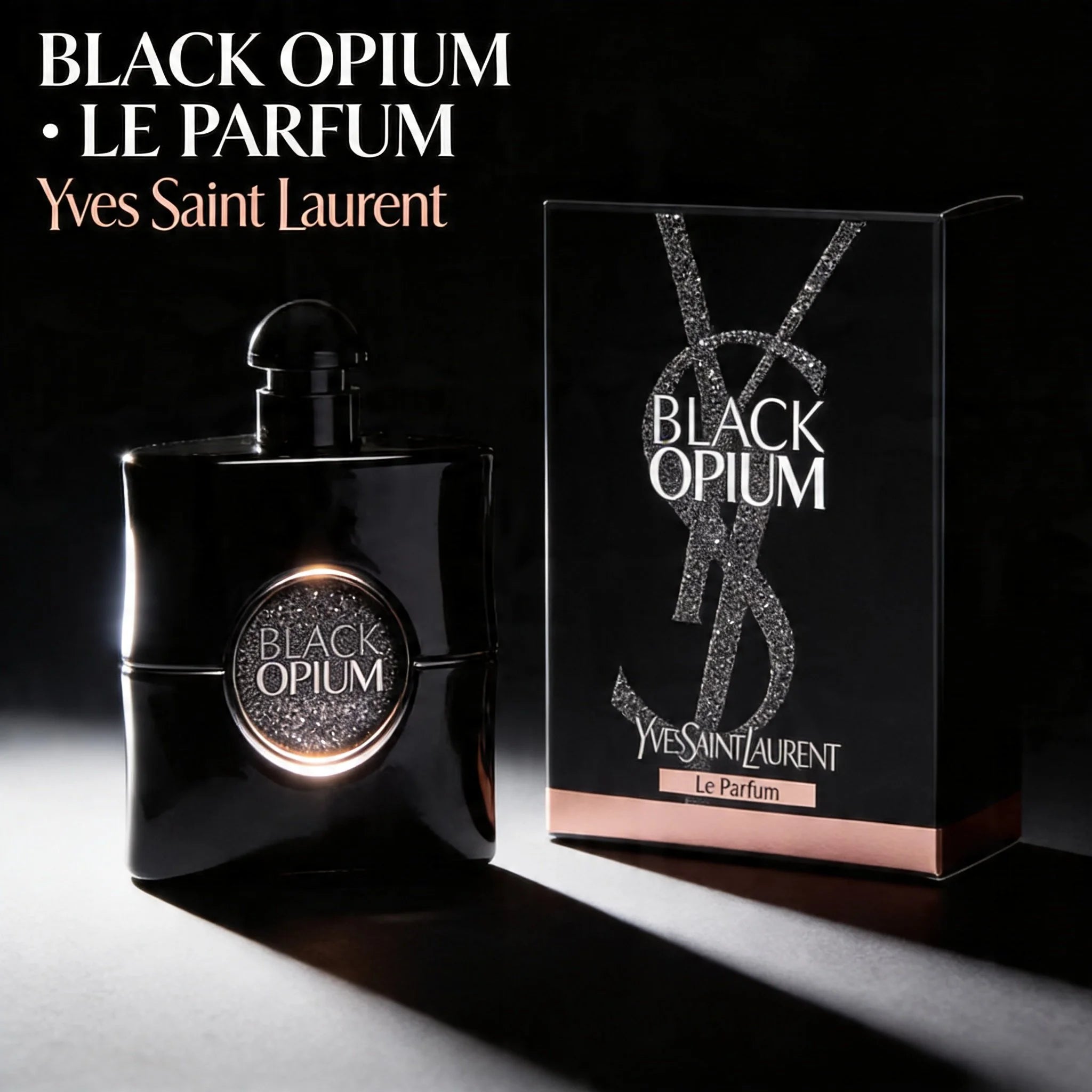 Yves Saint Laurent Black Opium perfume bottle and packaging on a dark background