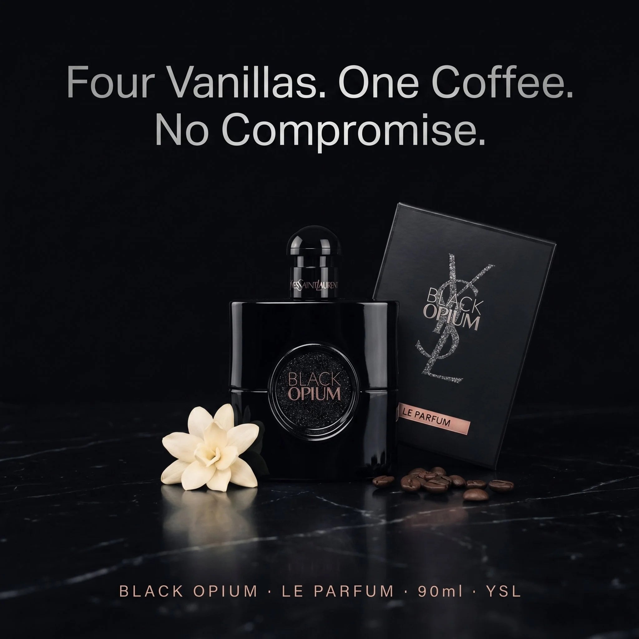 YSL Black Opium perfume bottle and packaging on a dark surface with coffee beans and a flower.
