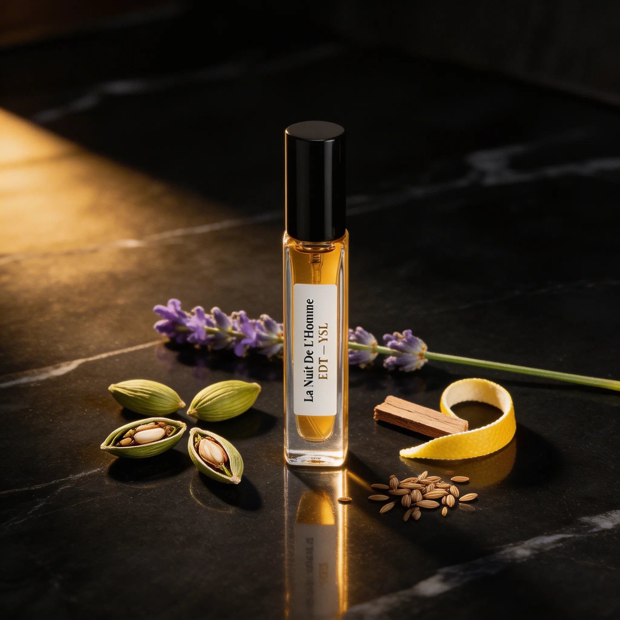 Perfume bottle labeled 'La Nuit De L'Homme' with lavender flowers and seeds on a dark surface