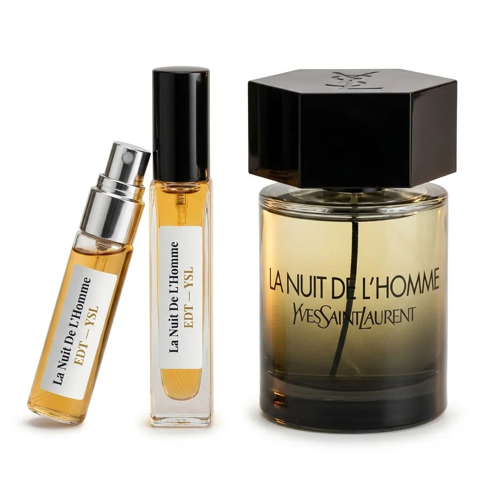 YSL La Nuit De L'Homme perfume bottles on a white background