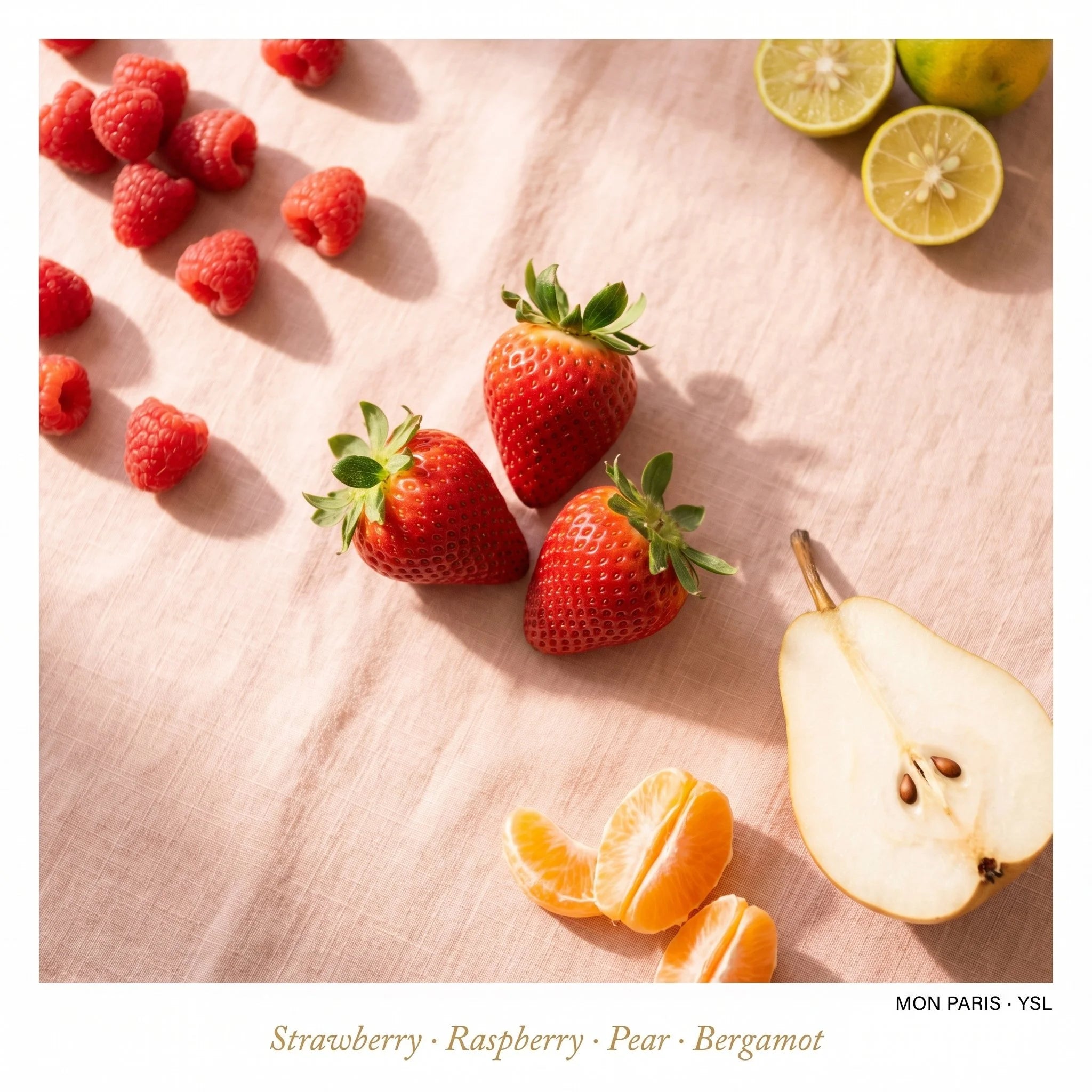 Fruits including strawberries, raspberries, a pear, and oranges on a textured surface with 'MON PARIS YSL' branding.