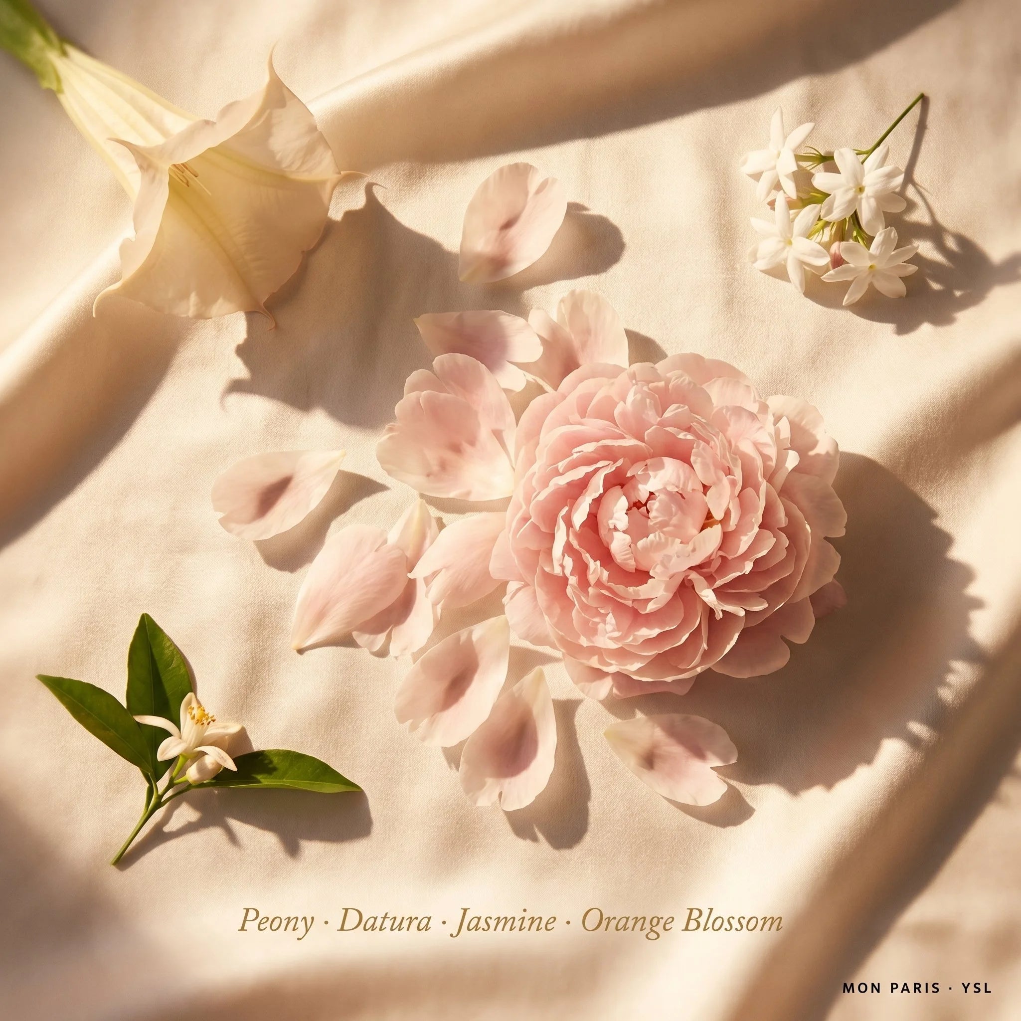 Pink peony flower with green leaves on a soft beige background