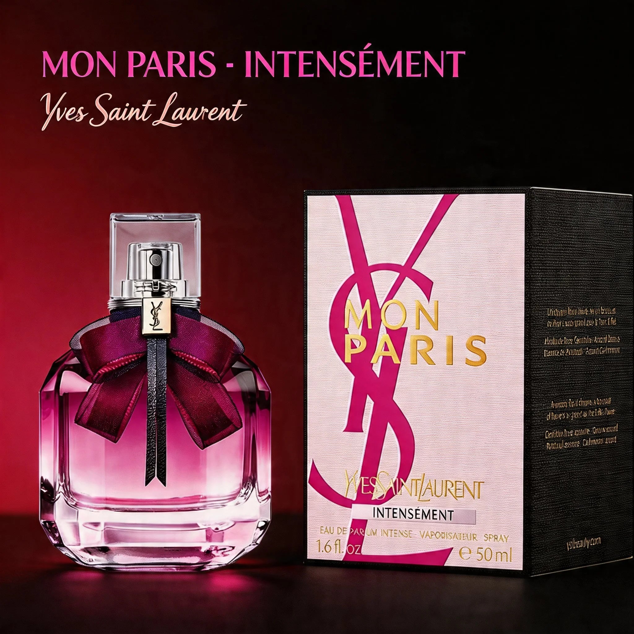 Yves Saint Laurent Mon Paris Intensément perfume bottle and packaging on a dark background
