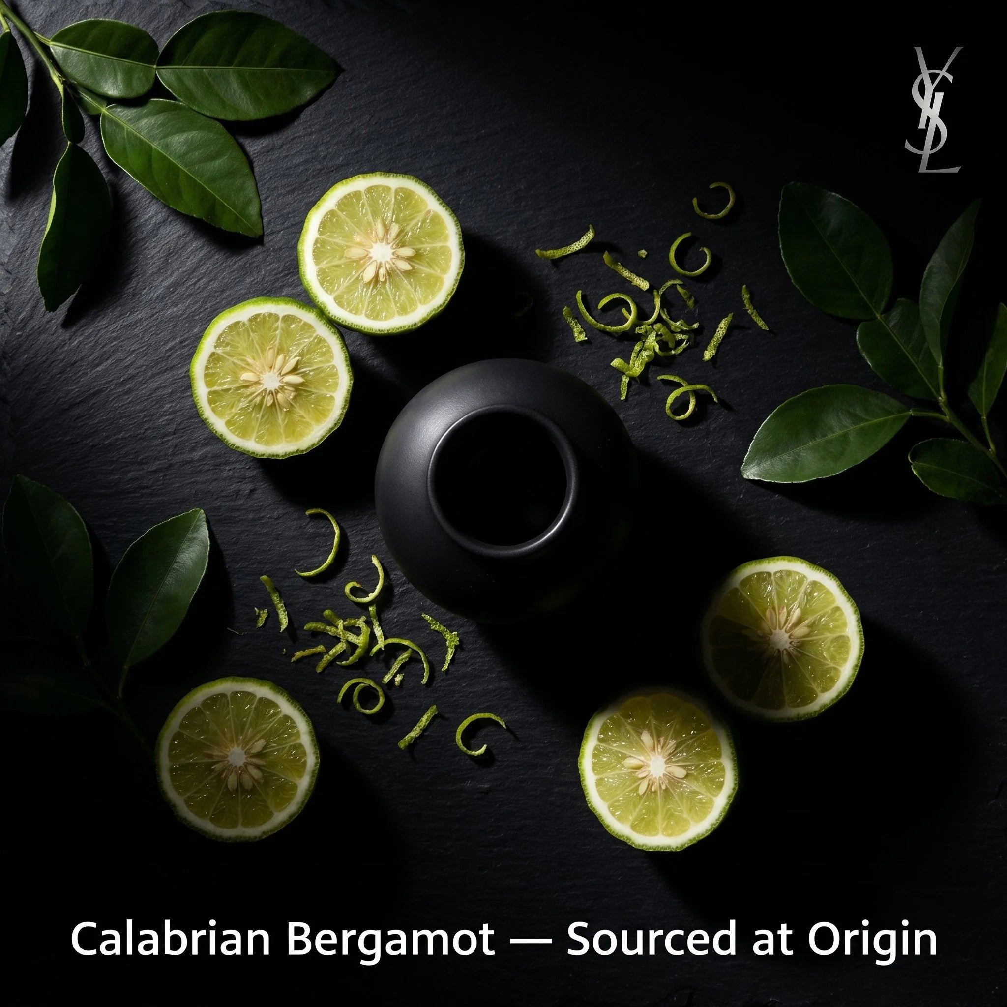 Sliced limes, bergamot zest, and leaves on a dark surface with YSL logo.