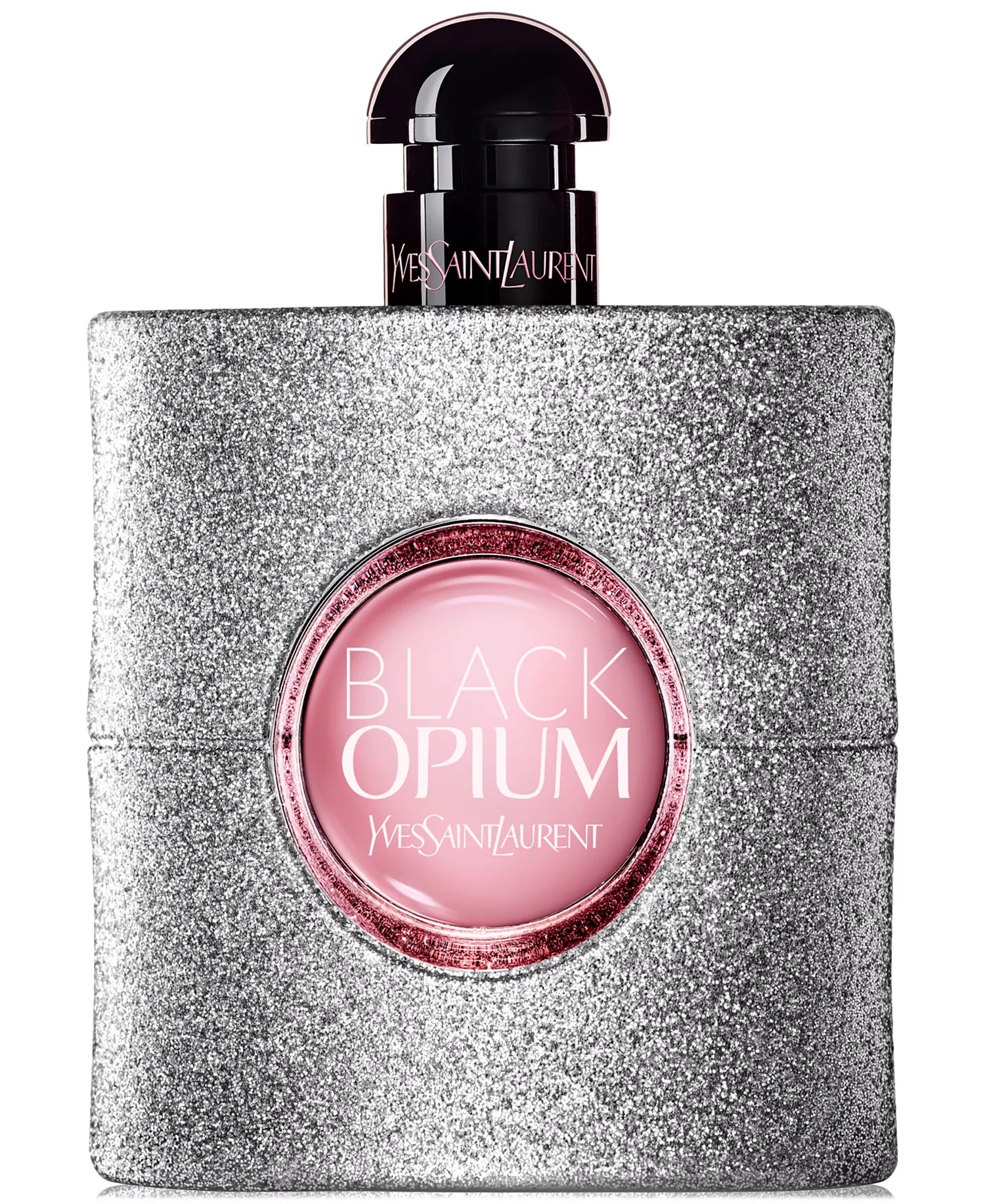 Yves Saint Laurent Black Opium perfume bottle with silver glittery finish and pink label.