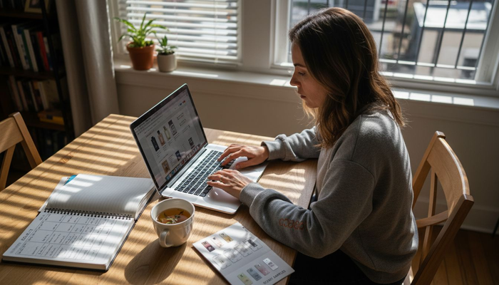Woman researching fragrance prices at home