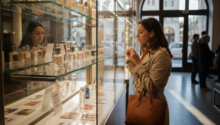 Woman browsing perfumes in sunlit boutique