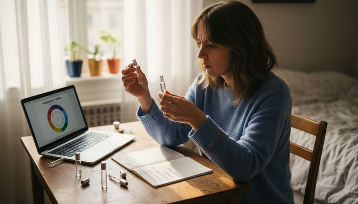 Woman comparing perfume samples at desk