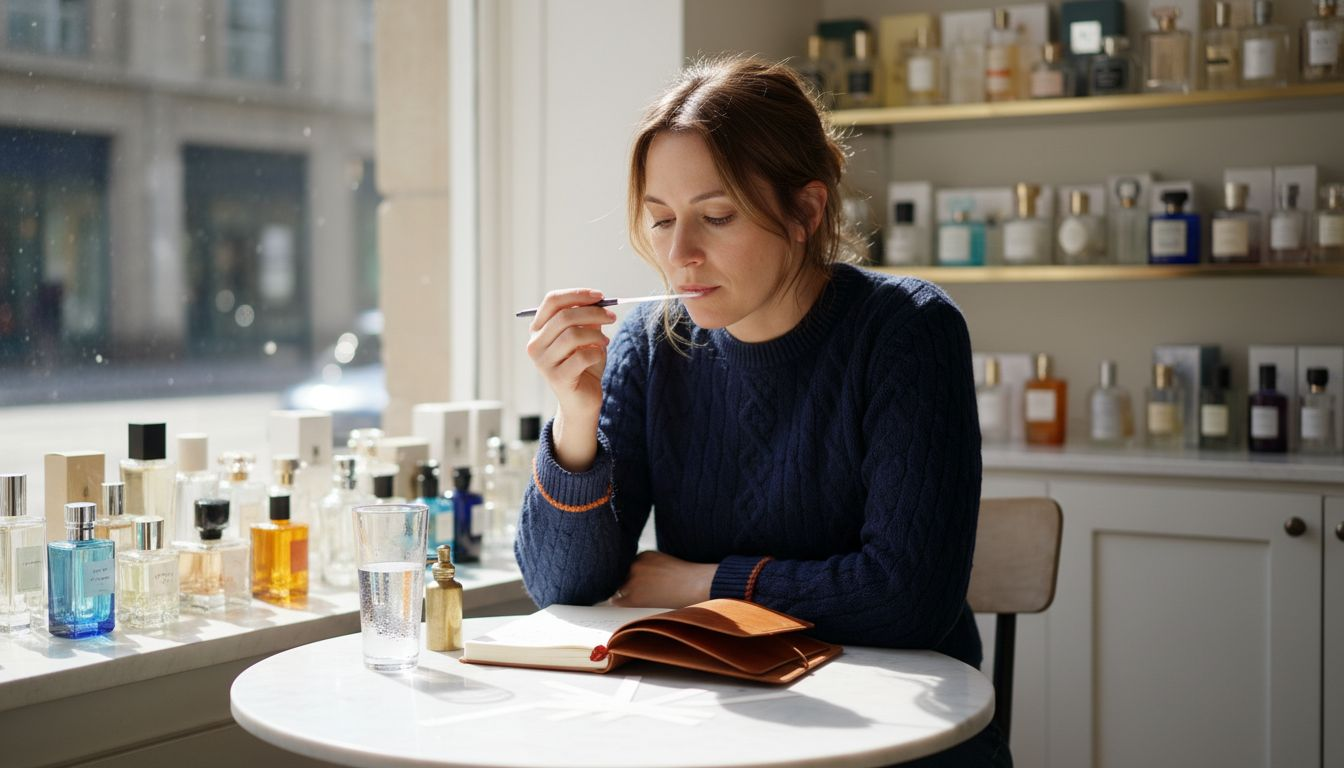 Woman sampling niche scents in perfume shop