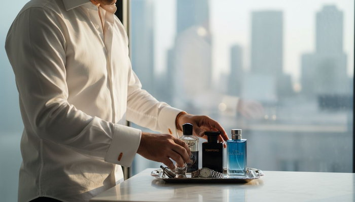 Man arranging iconic luxury cologne bottles
