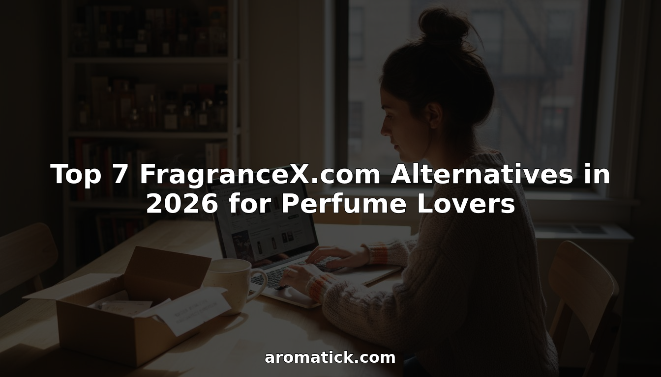 Woman shopping perfumes online at sunny table