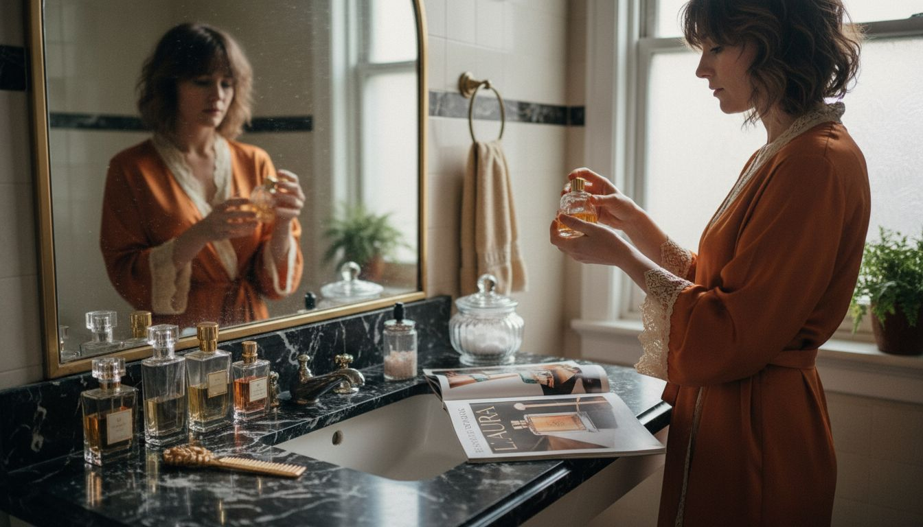 Luxury perfumes on marble vanity with sunlight