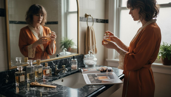Luxury perfumes on marble vanity with sunlight
