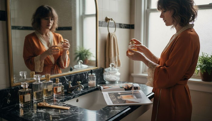 Luxury perfumes on marble vanity with sunlight
